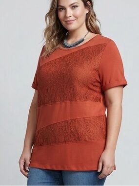 MY STYLE Burnt Orange Lace Panel Short Sleeve Tee 2X